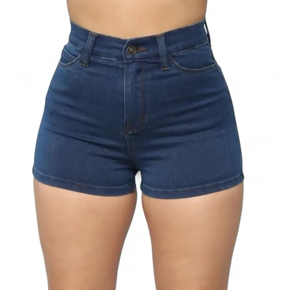 Fashion Nova High Waisted Denim Shorts Dark Wash Stretch Size 3/26 NWT